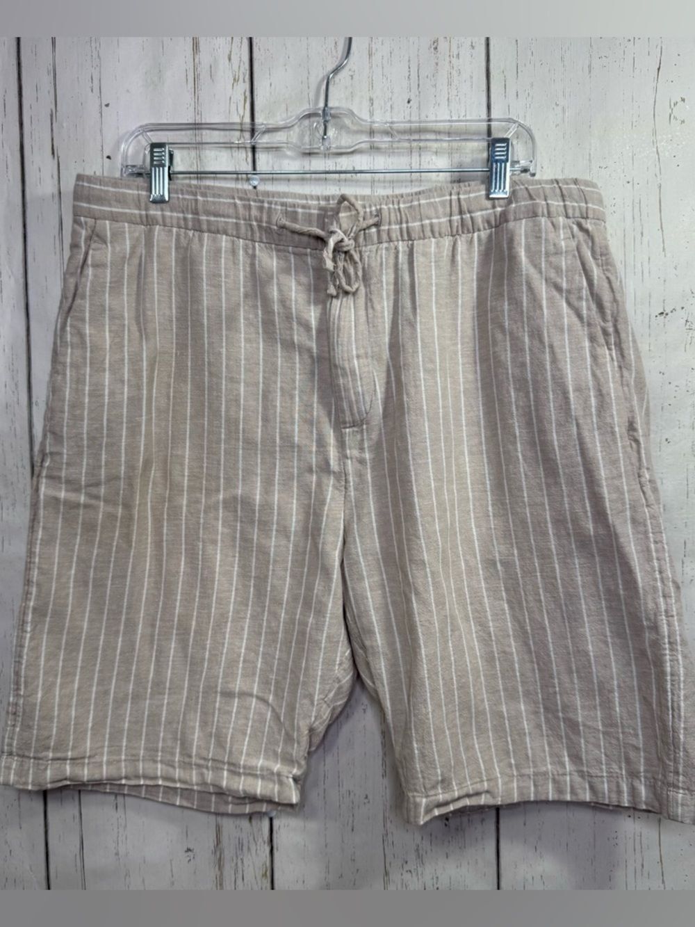 H&M Linen Blend Striped Drawstring Shorts Coastal Beachy Casual Beige Size L